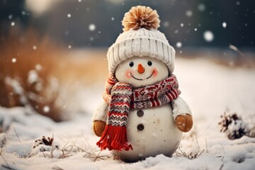  a snowman with a red and white scarf and a knitted hat and scarf is standing in the snow wearing a red and white knitted hat and scarf.