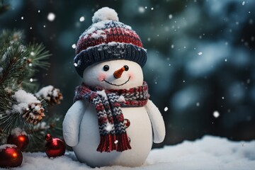  a snowman wearing a knitted hat and scarf next to a pine tree in the snow with a red ornament hanging from the top of the tree.