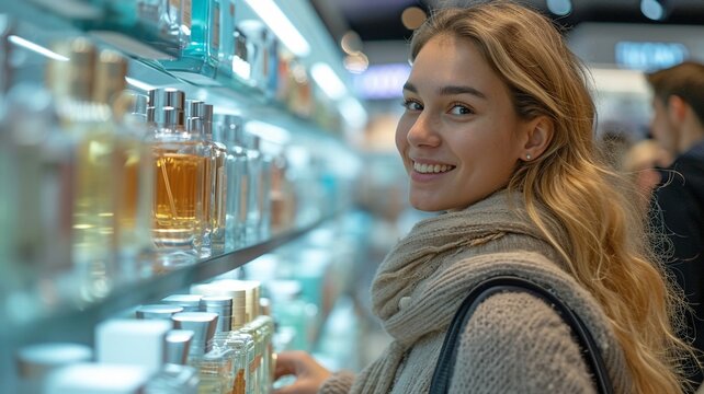 A contented woman browsing through a duty-free perfume selection.
