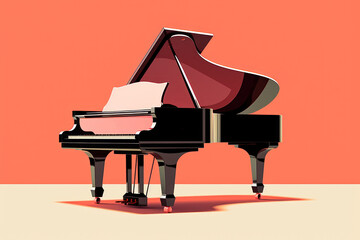  an illustration of a grand piano on a pink background with a shadow of a piano on the floor and a pink background with a shadow of a piano on the floor.