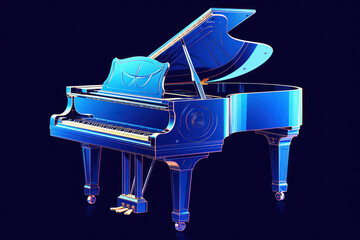  a drawing of a blue piano on a black background with a reflection of a person's head on the top of the piano, and the piano in the foreground.