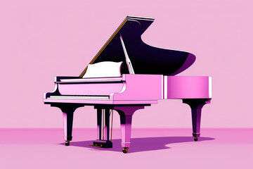  a pink piano with a black and white piano on a pink background with a shadow of a person sitting at the top of the piano in the middle of the picture.