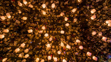 Aerial view floating lantern YeePeng Firework Festival in Chiangmai, Chiang Mai festival in Thailand, Traditional festival Yi Peng Lantern, Thailand. © Darunrat