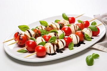  a plate of skewered tomatoes and mozzarella on skewers with basil leaves and a drizzle of black oil on the top of the skewer.
