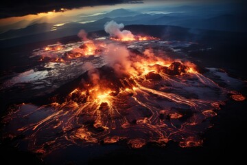  an aerial view of a volcano erupts lava and steam as it erupts into the air in the foreground, with mountains and clouds in the background.