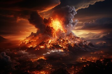  a volcano erupts lava as it erupts into the air in a dark, cloudy sky above a city on a mountain range of land covered in flames.