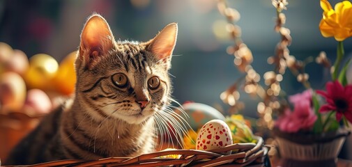 ginger cat with Easter Eggs in house with bokeh light, morning light from window, cute pet portrait, Generative Ai