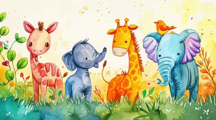 Fototapeta premium Joyful Safari Friends in a Whimsical Jungle: Playful Lion, Giraffe, Elephant, and Flora.