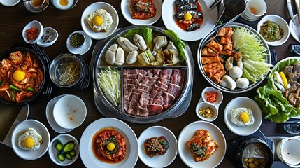 Korean foods served on the table - obrazy, fototapety, plakaty