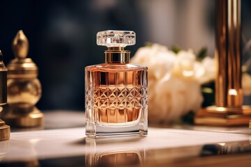Bottle of luxury perfume on the marble table on blurred background. Modern style perfumery template