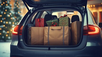 shopping bags in car trunk at mall parking in winter