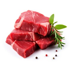 best premium quality fresh raw beef meat steak cut in piece stack isolated on white background,  studio shot or light box shot, Generative Ai 