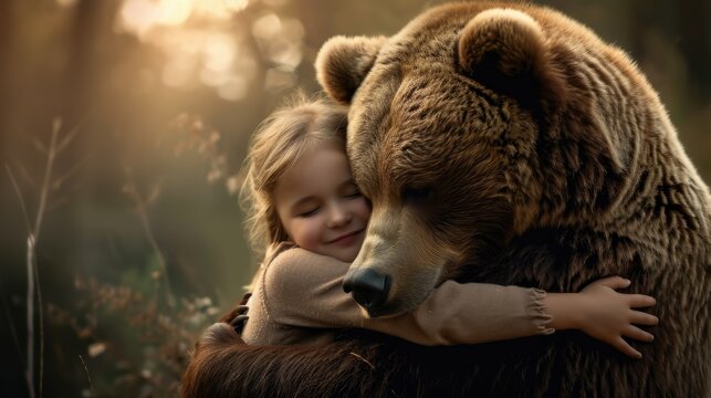 Beautiful little girl hug wild brown bear at forest. Animal love concept. Pretty child smile. Kind fairy tale. Sweet friendship. Fluffy teddy friend. Cute kid walk wood.