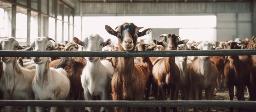 Herd of goats in a pen on a modern farm