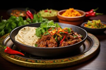 spicy beef with vegetables and tortilla on a table in a restaurant, Experience the thrilling fusion of global flavors with a spicy dish combining Thai and Mexican culinary traditions, AI Generated