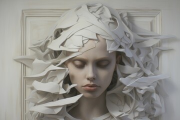  a painting of a woman's head with white paper covering it's face and the head of a mannequin's head in front of a white background.