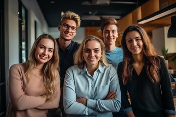 Fototapeta premium An international team of young versatile entrepreneurs, young smiling budding businessmen full of ideas and creativity, a business group of young startups.