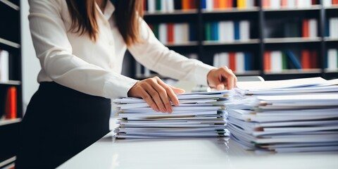 Businesswoman sorts through stacks of paper files, searching for information in office , concept of Organization