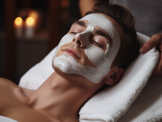 Facial skin care procedures in a beauty. Beauty treatment, scrup, applies mask, man lays on the coach for beauty procedures,  Generated AI