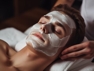 Facial skin care procedures in a beauty. Beauty treatment, scrup, applies mask, man lays on the coach for beauty procedures,  Generated AI