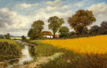 Digital oil paintings rural landscape, old huts in the forest, landscape with a river. Fine art, artwork
- 705800513