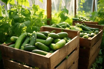  a couple of crates filled with cucumbers next to a bunch of leafy plants in a green house filled with lots of leafy plants and green leaves.