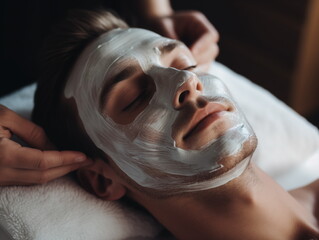Facial skin care procedures in a beauty. Beauty treatment, scrup, applies mask, man,  Generated AI