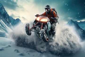 Motocross rider on the piste. Extreme motorcycle race, Extreme rider jumping with a snowmobile on the snow, face covered with a helmet, AI Generated