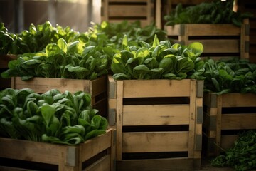  a group of wooden crates filled with lots of green lettuce next to a pile of green lettuce next to a pile of green lettuce.