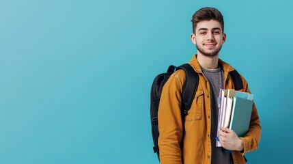 front view of male student wearing black backpack holding copybooks and files on blue wall    - Powered by Adobe