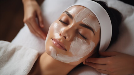 Facial skin care procedures in a beauty. Beauty treatment, scrup, applies mask, woman,  Generated AI - obrazy, fototapety, plakaty