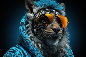  a close up of a cat wearing sunglasses and a blue jacket with a leopard print on it's face and a scarf around it's neck, on a black background.