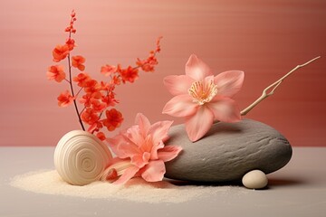  a close up of a vase with flowers on a rock and a snail on a rock with a flower on top of the rock and a pink background behind it.