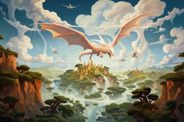 Naklejka premium Fantasy landscape with castle and dragon flying high in the sky, Ethereal, floating islands in the sky surrounded by dragons, AI Generated