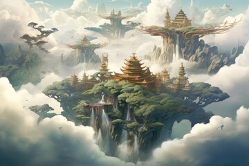 Fantasy landscape with dragon flying in the sky. 3d rendering, Ethereal, floating islands in the sky surrounded by dragons, AI Generated