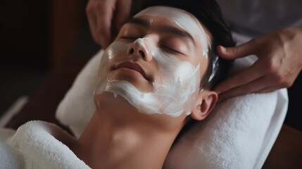 Facial skin care procedures in a beauty. Beauty treatment, scrup, applies mask, man,  Generated AI