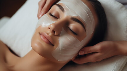 Obraz na płótnie Canvas Facial skin care procedures in a beauty. Beauty treatment, scrup, applies mask, woman, Generated AI