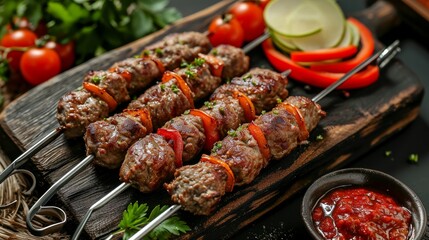 kebab made of minced meat on metal skewer with vegetables and sauce on dark wooden  