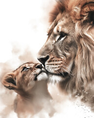 Majestic Bond, Watercolor Art of Lion and Cub.  A Symbolic Portrait of Fatherhood, Faith, and Meekness in the Kingdom of Judah.  Religion Watercolor Art. 