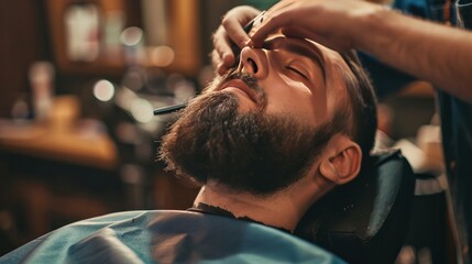 man at a barbershop salon doing haircut and beard trim    - obrazy, fototapety, plakaty
