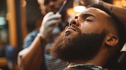 man at a barbershop salon doing haircut and beard trim   