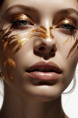 Close-up of a creative portrait of a young woman with a golden pattern on her face, clean smooth skin, plump lips on a white background near the windowsill. Makeup, cosmetics, beauty concepts.