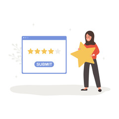 Customer review concept. Arab woman holding star and giving five stars rating. Dialog window in application with feedback. Positive response. Vector illustration in flat cartoon style.