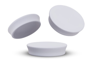 Composition with realistic white caps in different positions. Element of cosmetic jar. Plastic lid to close product. Vector illustration in 3d style on white background