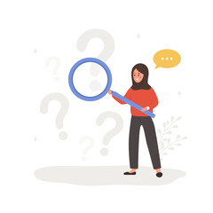 FAQ concept. Arab woman with magnifying glass search for answers. Customer support and online help service. Frequently asked questions. Vector illustration in flat cartoon style.