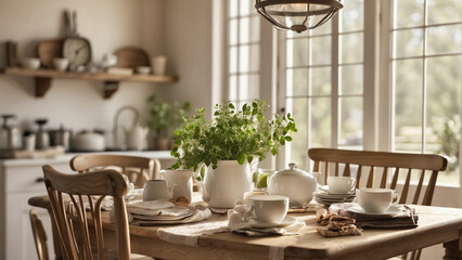 Photo the essence of a tranquil breakfast scene at farmhouse kitchen table it's a simple cup of coffee or a hearty breakfast spread