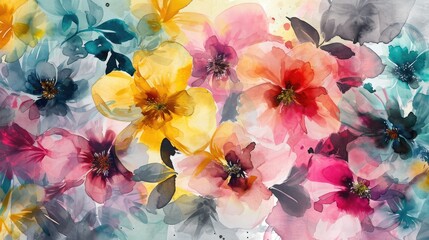Generative AI, abstract colorful watercolor flowers, organic painted background
