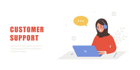 Customer support concept. Call center or hotline. Arabian woman with headphones and microphone with laptop. Operator advises clients. Vector illustration in flat cartoon style.