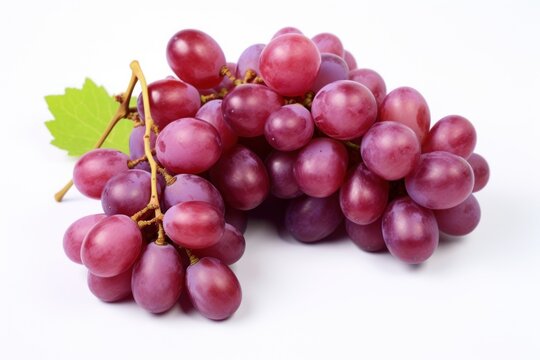  a bunch of red grapes with a green leaf on a white background with a green leaf on the top of the bunch and a green leaf on the bottom of the top of the bunch.