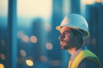 Construction worker at dusk overlooking the city skyline, embodying the progress and hard work of urban development.

